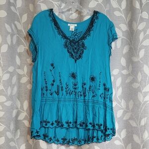 Krista Lee Blue Floral Embroidered Women's Top size L